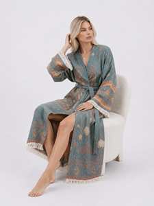 Women's Elegant Floral Design Cotton <b>Kimono</b> Robe <b>Long</b> <b>Sleeve</b> Dressing Gown Elastic Waist Unique Organic Cotton Summer Nightwear - Product Image 2