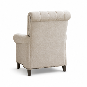 Elegante Sillón Beige con Respaldo de Orejas, Brazos Enrollados, Detalles de Tachuelas, Asiento Acolchado y Patas de Madera Oscura para Decoración del Hogar - Product Image 3