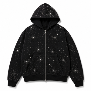 Sudadera con Capucha Negra para Hombre con Pedrería, Oversize, Casual, de Algodón Tejido, con Cremallera Frontal y Estampado de Estrellas, para Otoño - Product Image 1