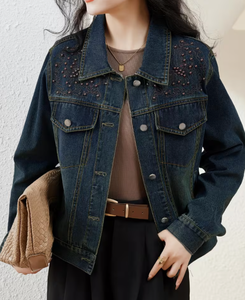 Chaqueta Vaquera para Mujer con Decoración de Cuentas, Estilo Vintage Casual, para Otoño - Product Image 4