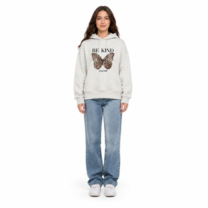 Sweat-shirt à capuche pour femme avec imprimé léopard et papillon, « Be Kind Yourself », gris clair, en coton, décontracté, sweat-shirt premium pour femme - Product Image 1