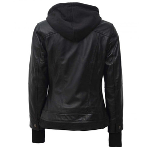 Women's Genuine Leather Hooded Motorcycle Jacket Full Sleeve <b>Zipper</b> Closure Solid Color Autumn Style - Product Image 2