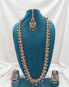 Crystal <b>Beaded</b> Long Necklace <b>Set</b> Kundan Work Traditional Indian Mala Antique Gold Plated Zircon Stones Gift Engagement Party - Product Image 5