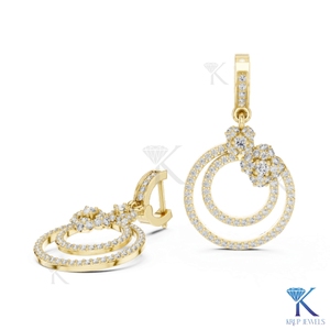 Boucles d'oreilles pendantes double cercle en diamant CVD HPHT de laboratoire, pavé floral, or massif 14 carats, bijoux de luxe pour femme, pour mariage et soirée - Product Image 3