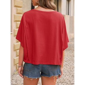 Women's <b>Red</b> <b>Crop</b> <b>Top</b> Short Sleeve Drop Shoulder Regular Fit O-Neck Casual T-Shirt Solid Breathable Knitted Cotton Shirt - Product Image 2