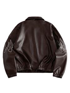 Veste en cuir pour homme, broderie flamme, fermeture éclair, style bomber, streetwear, vêtement d'extérieur tendance - Product Image 2