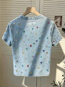 Denim <b>Sequined</b> Embellished Crew Neck Short Sleeve T-Shirt Regular Fit Casual Summer <b>Top</b> Natural Waist Sweet Style - Product Image 6