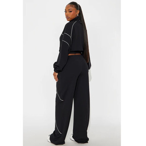 <b>Women</b> Black Cropped Tracksuit Jacket With White Piping Stand Collar Zipper Front Loose Fit Full Sleeve Autumn Sporty Style - Product Image 2