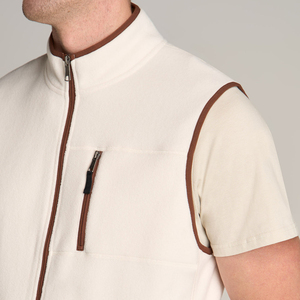 Chaleco polar personalizado para hombre, color crema, con ribete de cuero, cuello alto, cremallera y bolsillos, sin mangas, ¡superventas! - Product Image 6