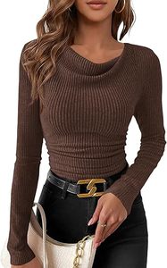 Hauts décontractés d'hiver pour femmes à manches longues, col drapé, en maille côtelée, coupe ajustée, froncés, style crop top, t-shirts basiques - Product Image 2