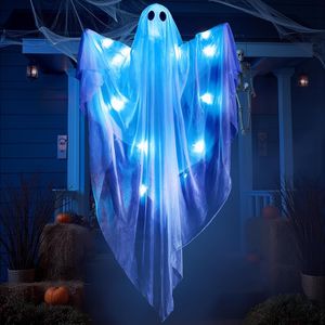 Decorazione di Halloween con Fantasmi Appesi e Luce LED Blu Spettrale, 47 Fantasmi Bianchi, Decorazione Festiva per Halloween - Product Image 1