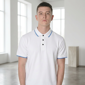 <b>Men's</b> Solid White Short Sleeve for Shirt Casual Button Collar <b>Top</b> with Contrast Trim Anti-Wrinkle Knitted Fabric - Product Image 3