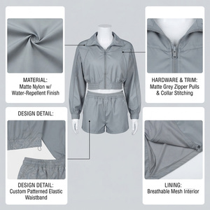 Ensemble 2 pièces sportif gris uni pour femme, style urbain, avec short et haut à manches longues à capuche zippé, coupe régulière, en molleton 100% coton, séchage rapide - Product Image 4