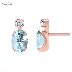 Pendientes de Oro Sólido de 14k con Aguamarina y Diamantes de Corte Ovalado de 7x5mm, Fabricante Asiático, Proveedor Verificado - Product Image 2