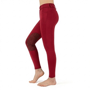 <b>Women's</b> Solid Pink Full Length High Elastic Waist Printed Knitted Equestrian <b>Jodhpurs</b> with Knee Pads and Zipper Closure - Product Image 5