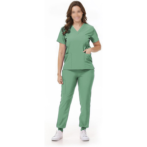 Women's Green Hospital <b>Scrub</b> <b>Set</b> with Pockets Cotton Woven Fabric Pants and Top - Product Image 1