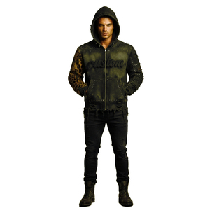 Sudadera con capucha verde oliva personalizada al por mayor con estampado de leopardo, mangas con tachuelas, parches rasgados, cremallera, estilo vintage urbano para hombres y mujeres - Product Image 5