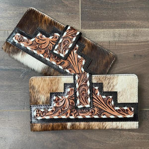 High Quality Western Style Hand Tooled Cowhide Leather Zipper Crossbody Fringe <b>Handbags</b> with Bifold Wallet Clutch Two-Piece Set - Product Image 5