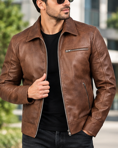 Chaqueta de Moto para Hombre, Estilo Urbano, de Cuero PU Marrón, Cuello Redondo, Cierre de Cremallera, Logotipo Frontal, Corte Regular, Estilo Otoñal - Product Image 4