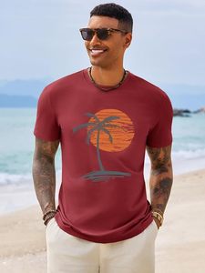 Camiseta Roja de Manga Corta para Hombre con Estampado de Palmeras al Atardecer, Cuello Redondo, Informal, de Algodón Transpirable, Corte Regular - Product Image 5