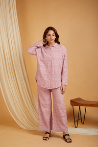 Dusty Rose Eyelet Embroidered <b>Button</b> Down Shirt and Pants Set Long Sleeve <b>Turn</b>-Down Collar Casual Matching Outfit for Women - Product Image 4