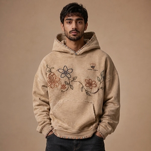 <b>Mens</b> Distressed Embroidery Hoodie Oversized Casual <b>Pullover</b> with Vintage Wash and Fashionable Streetwear Design - Product Image 1