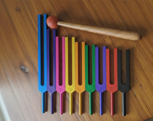 Color Solfeggio Tuning Forks Set: 9 Unweighted Sacred Frequencies (Pouch, Mallet).. - Product Image 1