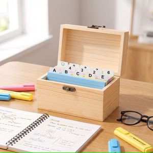Boîte à cartes de recettes en bois avec 5 niveaux, séparateurs colorés et étiquettes pour l'organisation et le rangement des aliments - Product Image 3