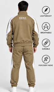 INDEX Men's <b>Tracksuit</b> Full Zip Sporty Style Khaki <b>White</b> Stripes Regular Fit Autumn Wear Breathable Polyester Cotton - Product Image 2