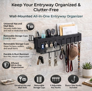 Premium 3-in-1 wall mount key organizer Unbreakable black hanger <b>Hooks</b> for keys Keychain storage rack Small accessory holder - Product Image 6
