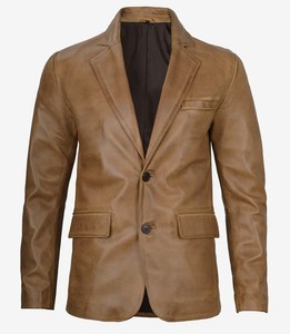 <b>Men</b> Premium Tan Brown Genuine <b>Leather</b> <b>Blazer</b> Single Breasted Two Button Closure Notch Lapel Collar Slim Fit Business Casual - Product Image 1