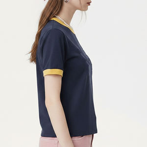 <b>Top</b> Trending Women's <b>Navy</b> Blue T-Shirt With Yellow Trim Crew Neck Short Sleeve Loose Fit 100% Cotton Casual Spring Summer Wear - Product Image 5