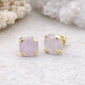 Rose Quartz Gemstone <b>Stud</b> <b>Earring</b> Gold Plated Prong <b>Set</b> Handmade Birthstone Jewelry Gift Women Elegant Minimalist - Product Image 1