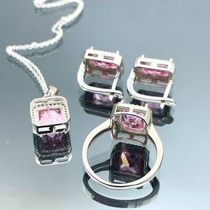 Handmade 925 Sterling <b>Silver</b> Pink Quartz Jewelry <b>Set</b> <b>Ring</b> Earrings Necklace Natural Crystal Elegant Gift For Women - Product Image 6