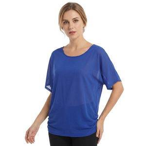 Camiseta de chifón azul oversize personalizable para mujer con manga murciélago, fruncido, hombro caído, cuello redondo, ajuste holgado, transpirable, primavera-verano - Product Image 1