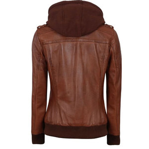 Women's Bomber Cognac Brown Leather <b>Jacket</b> with Removable Hood Premium Soft Lambskin Female Apparel - Product Image 2