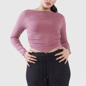 Custom High Elasticity Fitness Wear Seamless <b>Long</b> Sleeve <b>Shirt</b> <b>Women</b> Crop Design V Hem Wide Neck Sportswear <b>Shirt</b> Yoga Top - Product Image 1