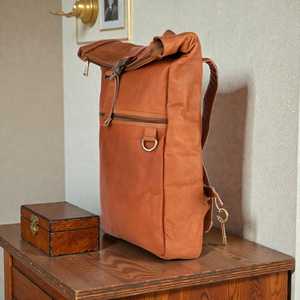 Waterproof <b>Leather</b> Roll Top <b>Backpack</b> Mens Laptop Rucksack Genuine Cowhide Travel Bag Low MOQ Custom Logo LTBP-0036 - Product Image 2