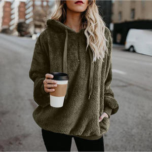 Automne hiver femmes moelleux ample à capuche vêtements d'extérieur à manches longues chaud manteau pull sweat col roulé fermeture éclair armée vert XL - Product Image 1