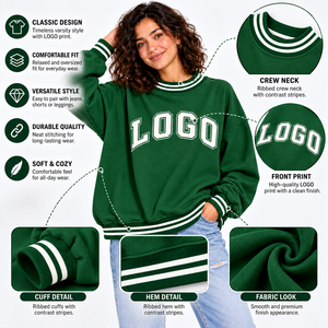 เสื้อสเวตเชิ้ตผ้าเฟรนช์เทอร์รี่สีเขียวคุณภาพสูงแบบขายส่ง แต่งขอบยางยืดลายทาง ทรงหลวม สไตล์วิทยาลัย สำหรับผู้หญิง - Product Image 4
