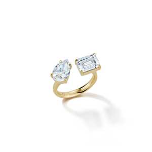 Bagues de fiançailles 4 carats Toi et Moi, diamant de laboratoire taille poire émeraude, or massif 10K 14K 18K, bijoux fins de luxe minimalistes et élégants - Product Image 6