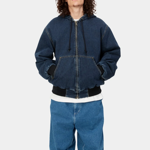 Sudadera con capucha de mezclilla premium personalizada, de peso pesado, con efecto desgastado, con cremallera, estilo oversize, moda urbana. - Product Image 3