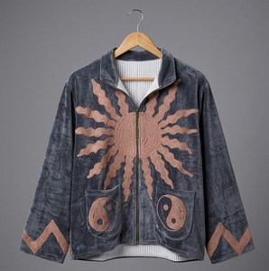 Handmade Gray <b>Velvet</b> Vintage Floral Cotton Liner Blouson <b>Jacket</b> Boho Full Sleeve Stand Collar Breathable <b>Women</b> Winter Coat - Product Image 4