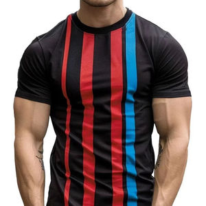T-shirt à manches courtes pour homme, coupe classique, col rond, motif rayé, couleurs contrastées, respirant, tricoté, 100% coton, noir, rouge, bleu - Product Image 1