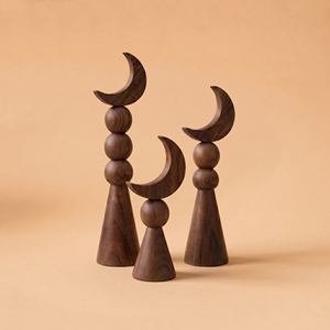 Premium Brown Gloss Wooden Moon Finial Set. Elegant <b>Stacked</b> Bead Design Pillars For Classic Home Luxury & Eid Tabletop Decor - Product Image 4