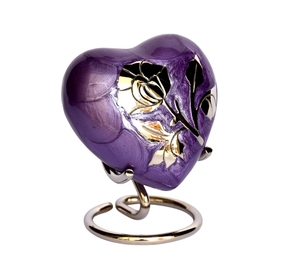Petite urne commémorative en forme de cœur – Finition perle violette avec des sculptures florales dorées complexes et support en métal poli - Product Image 3