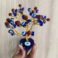 Fabriqué à la main bleu turc mauvais œil arbre avec des perles de Rudraksha sur la plaque de coeur bonne chance charme sagesse stabilité Fengshui Kavach