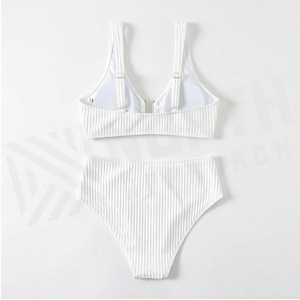 <b>White</b> Ribbed 2 Piece <b>Bikini</b> <b>Set</b> V Neck Bandeau Top High Waist Bottoms Stretch Swimwear Women - Product Image 2