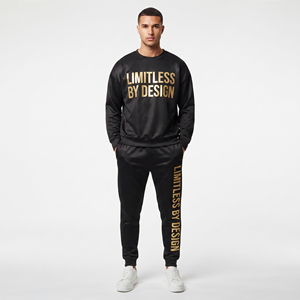 Conjunto deportivo negro estampado para hombre, sudadera con cuello redondo y pantalones deportivos, 100% poliéster, conjunto de sudadera estampada de felpa. - Product Image 1