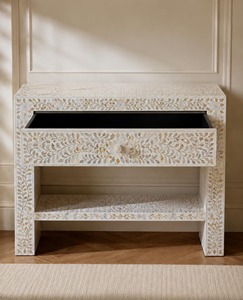 Table console artisanale écologique en nacre grise à motif de feuilles, avec un seul tiroir, design moderne, multifonctionnelle, décoration d'intérieur - Product Image 2